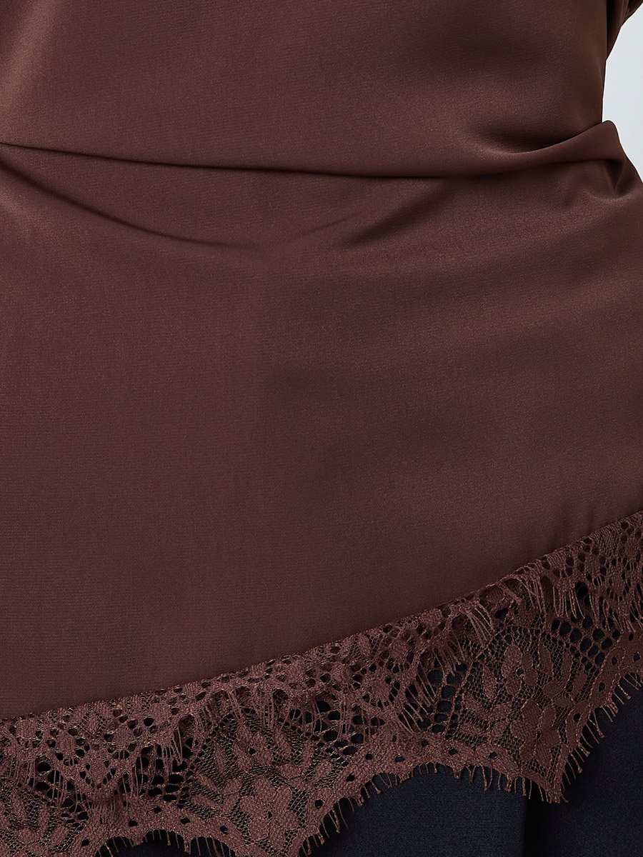 Brown Asymmetric Blouse with Lace Trim