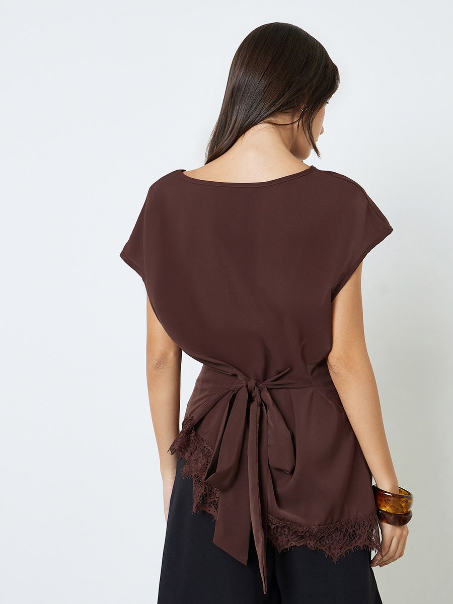 Brown Asymmetric Blouse with Lace Trim