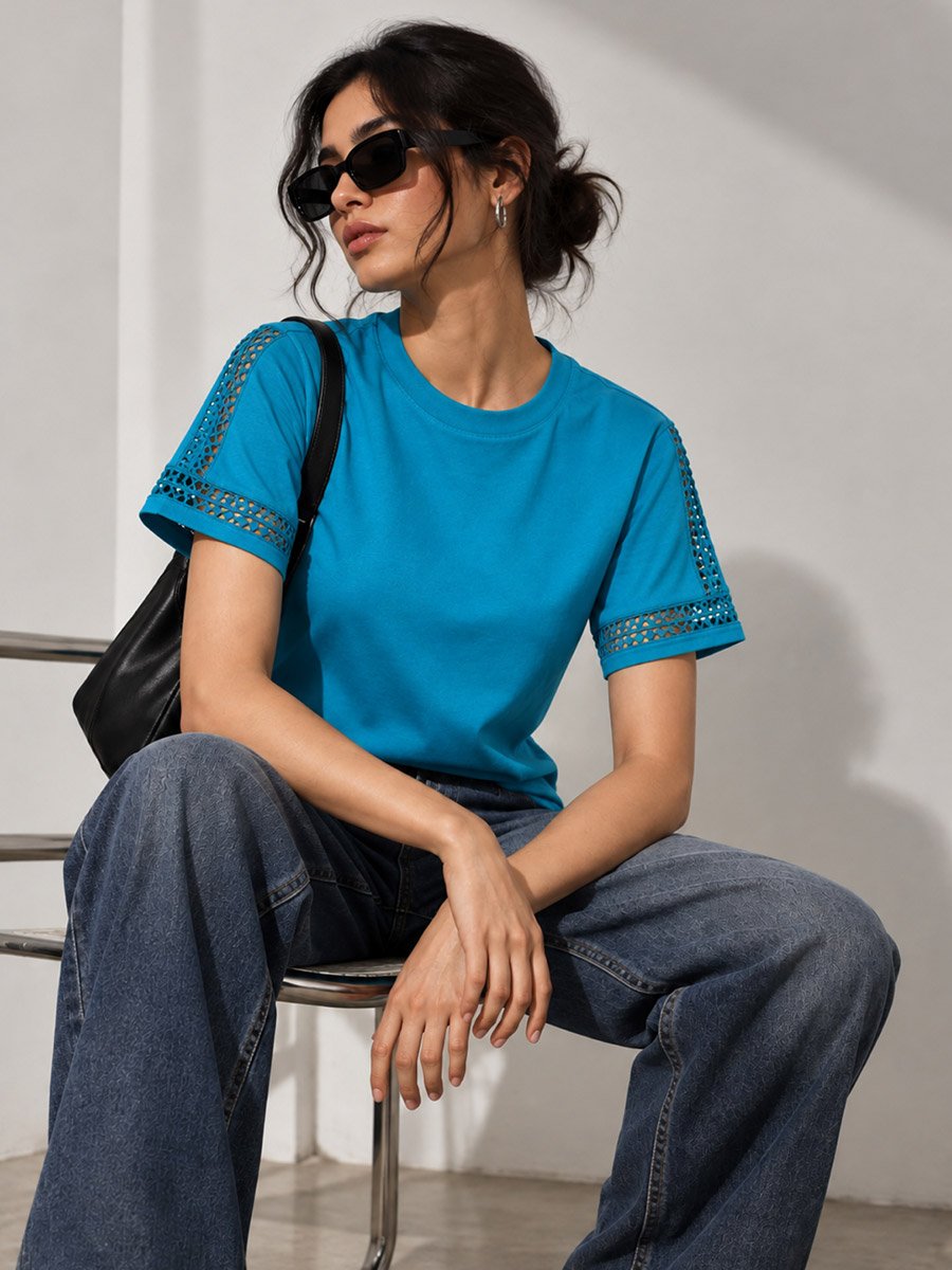 Blue Solid Round Neck Regular T-Shirt