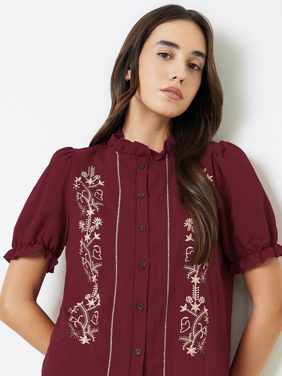 Maroon Embroidered Ruffled Neck Shirt