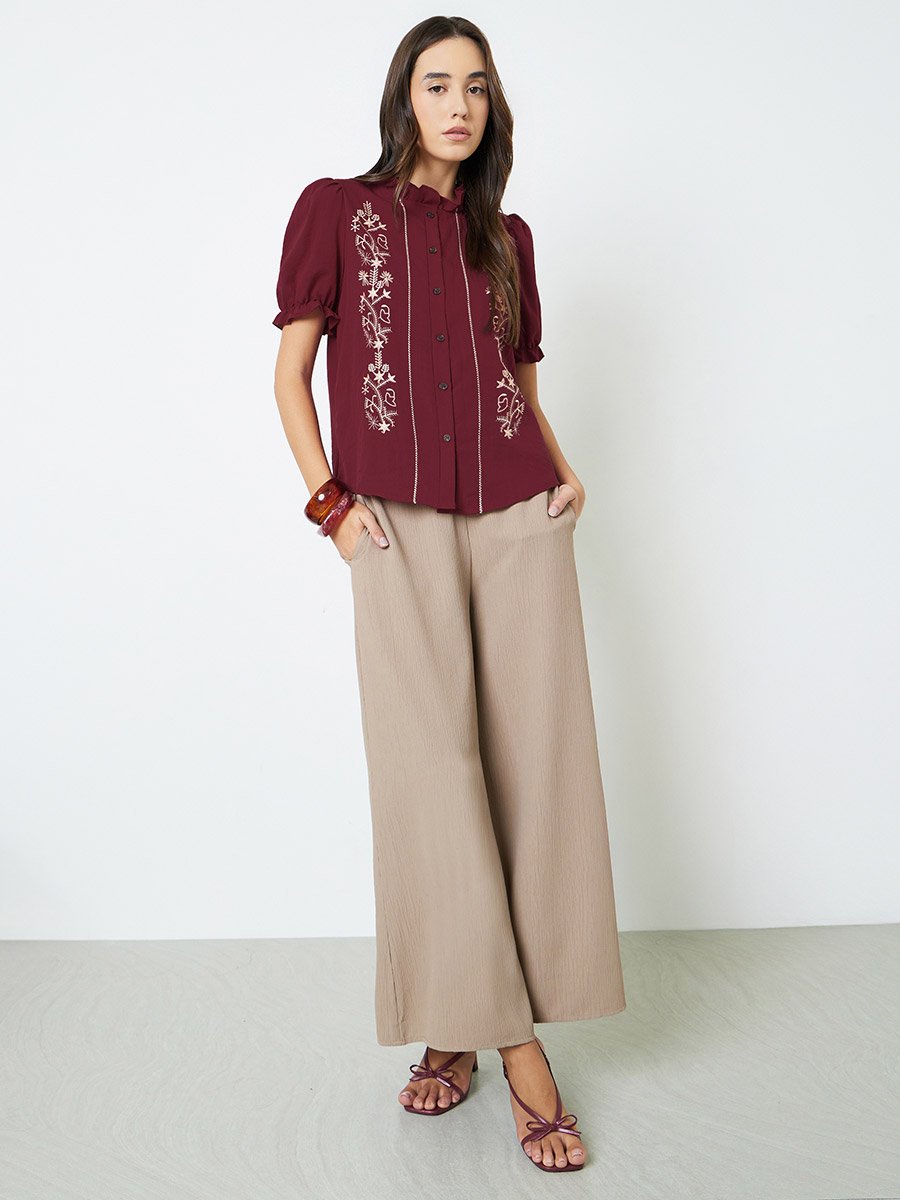 Maroon Embroidered Ruffled Neck Shirt