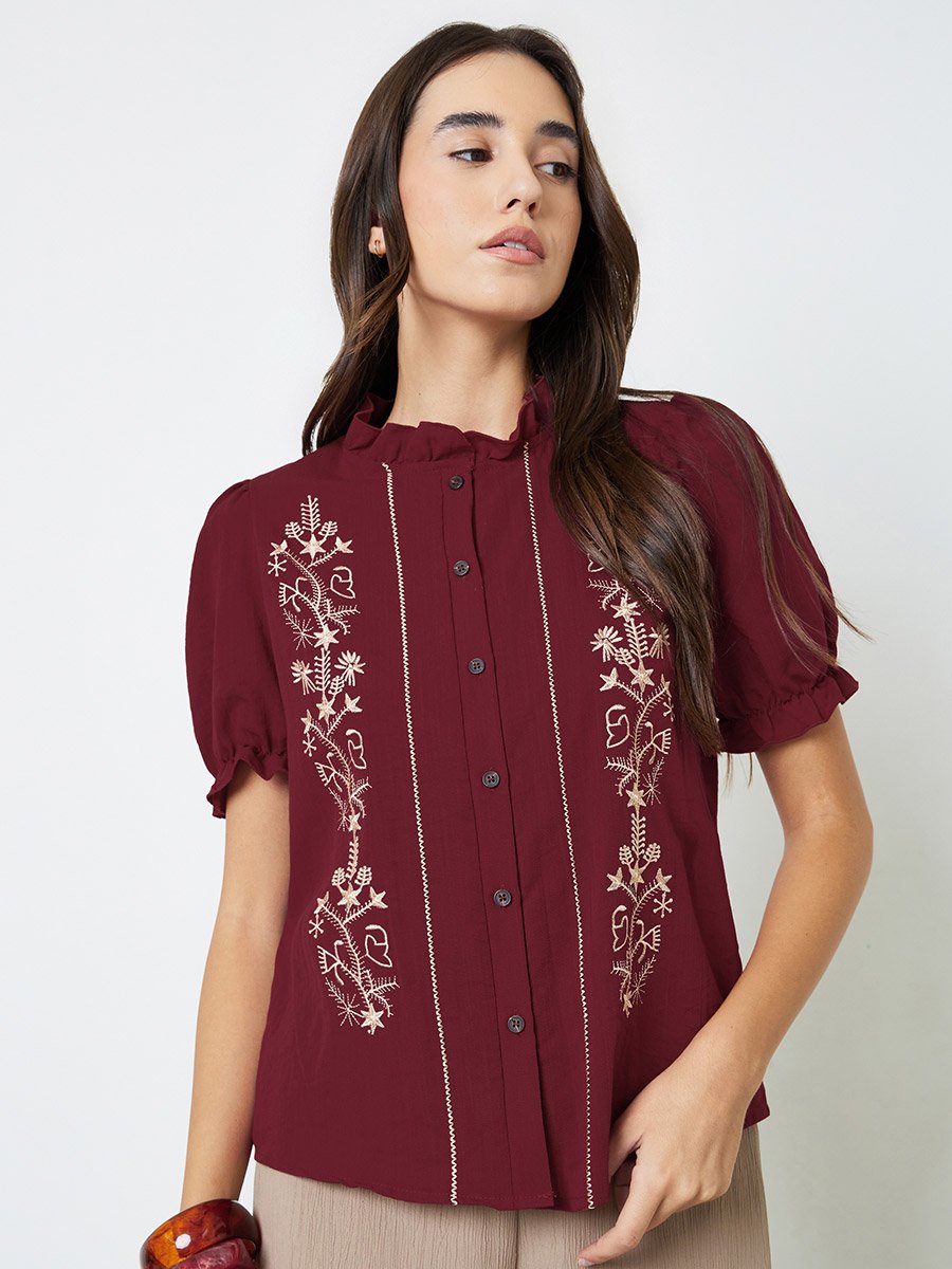 Maroon Embroidered Ruffled Neck Shirt