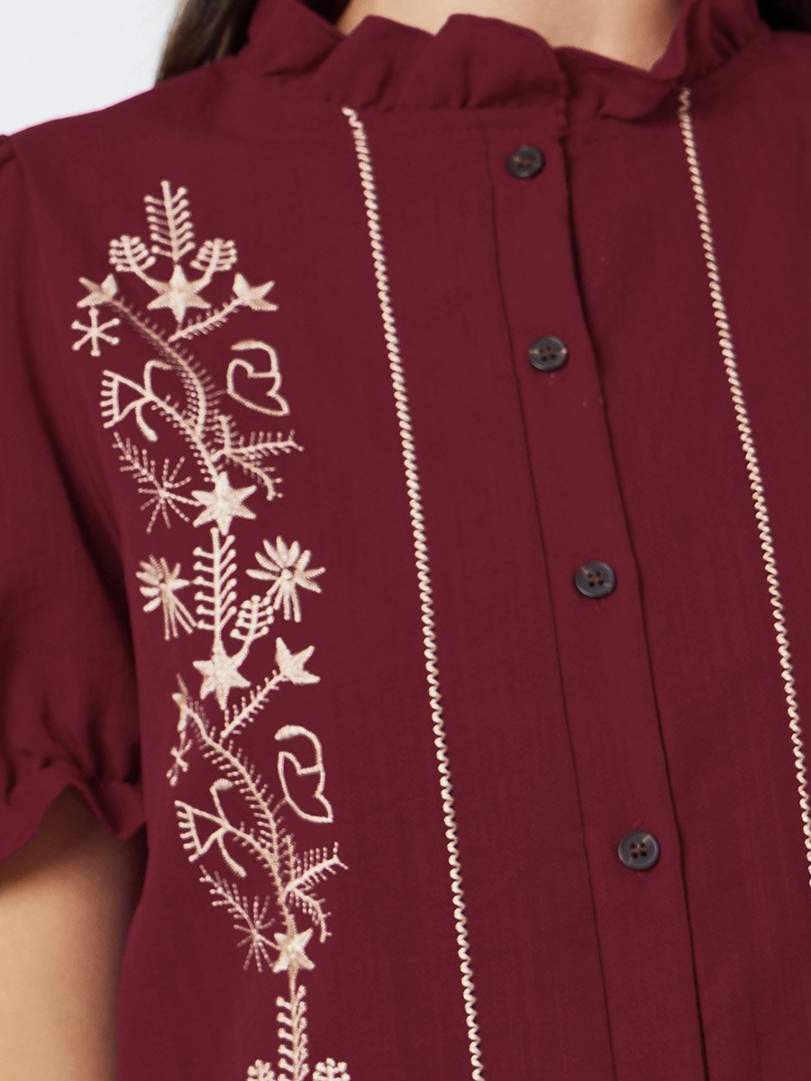 Maroon Embroidered Ruffled Neck Shirt