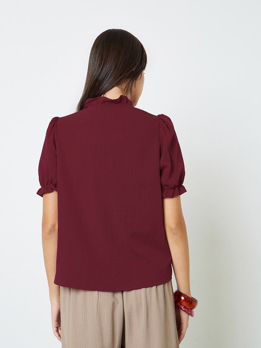 Maroon Embroidered Ruffled Neck Shirt
