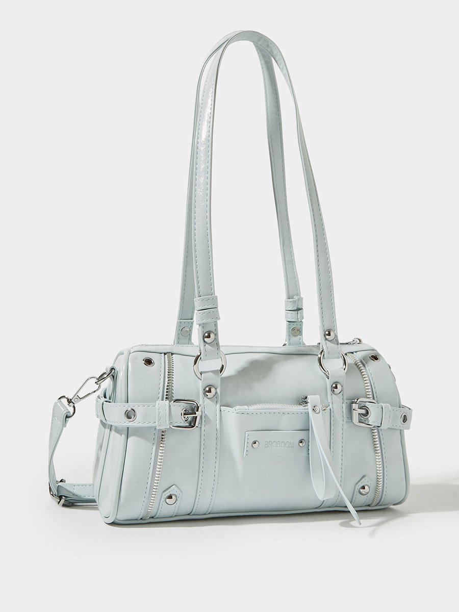 Blue Patent City Shoulder Bag with Metal Details
