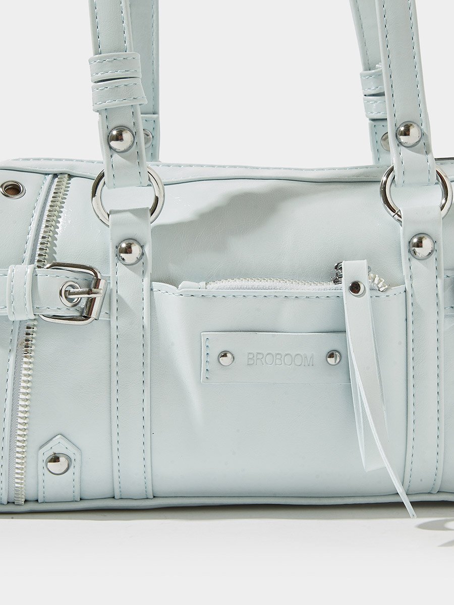 Blue Patent City Shoulder Bag with Metal Details