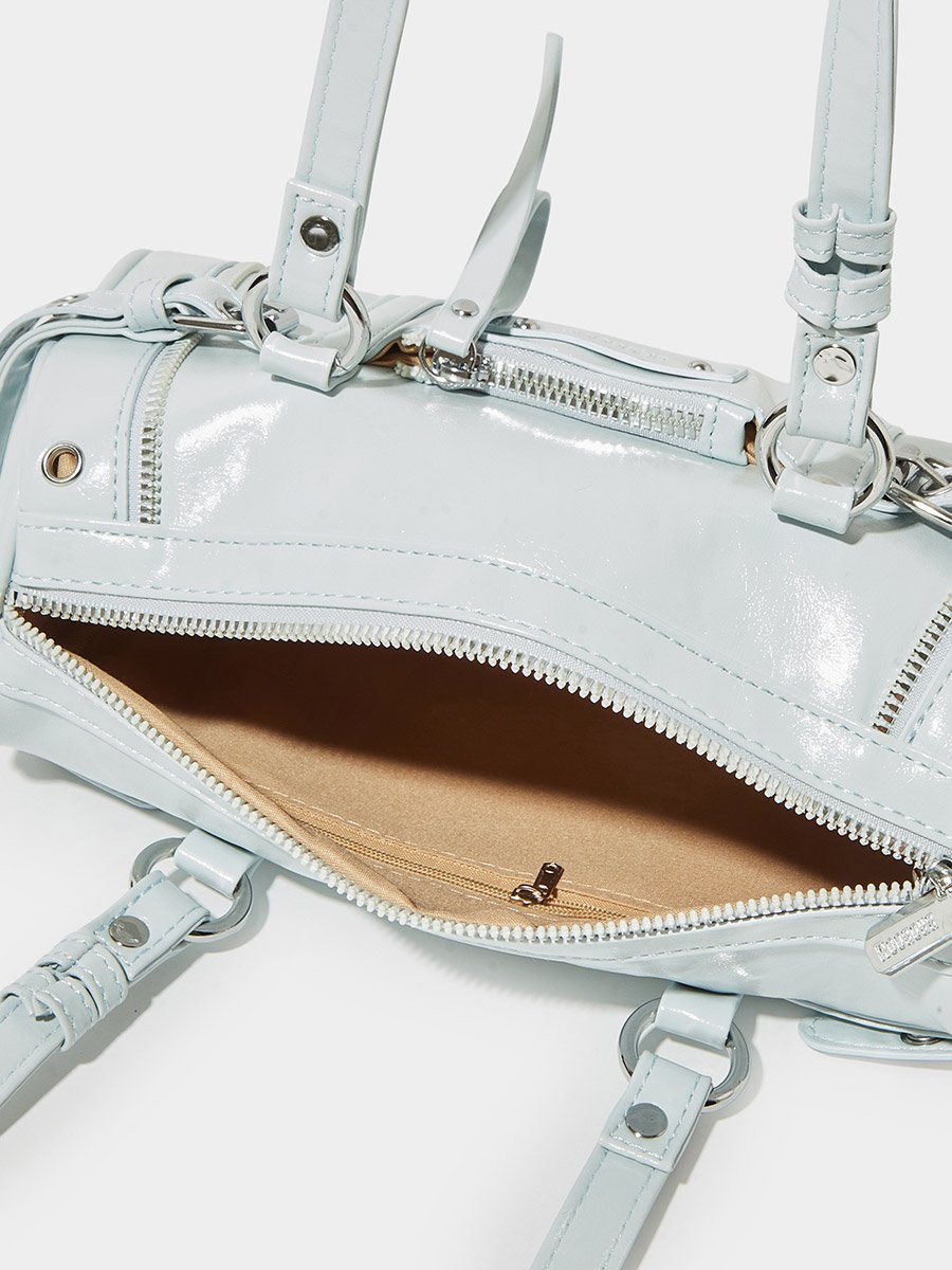 Blue Patent City Shoulder Bag with Metal Details