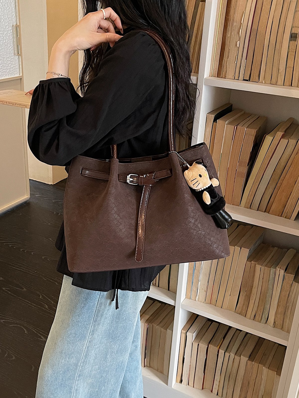 Coffee Brown Plain Tote Bag with Charm