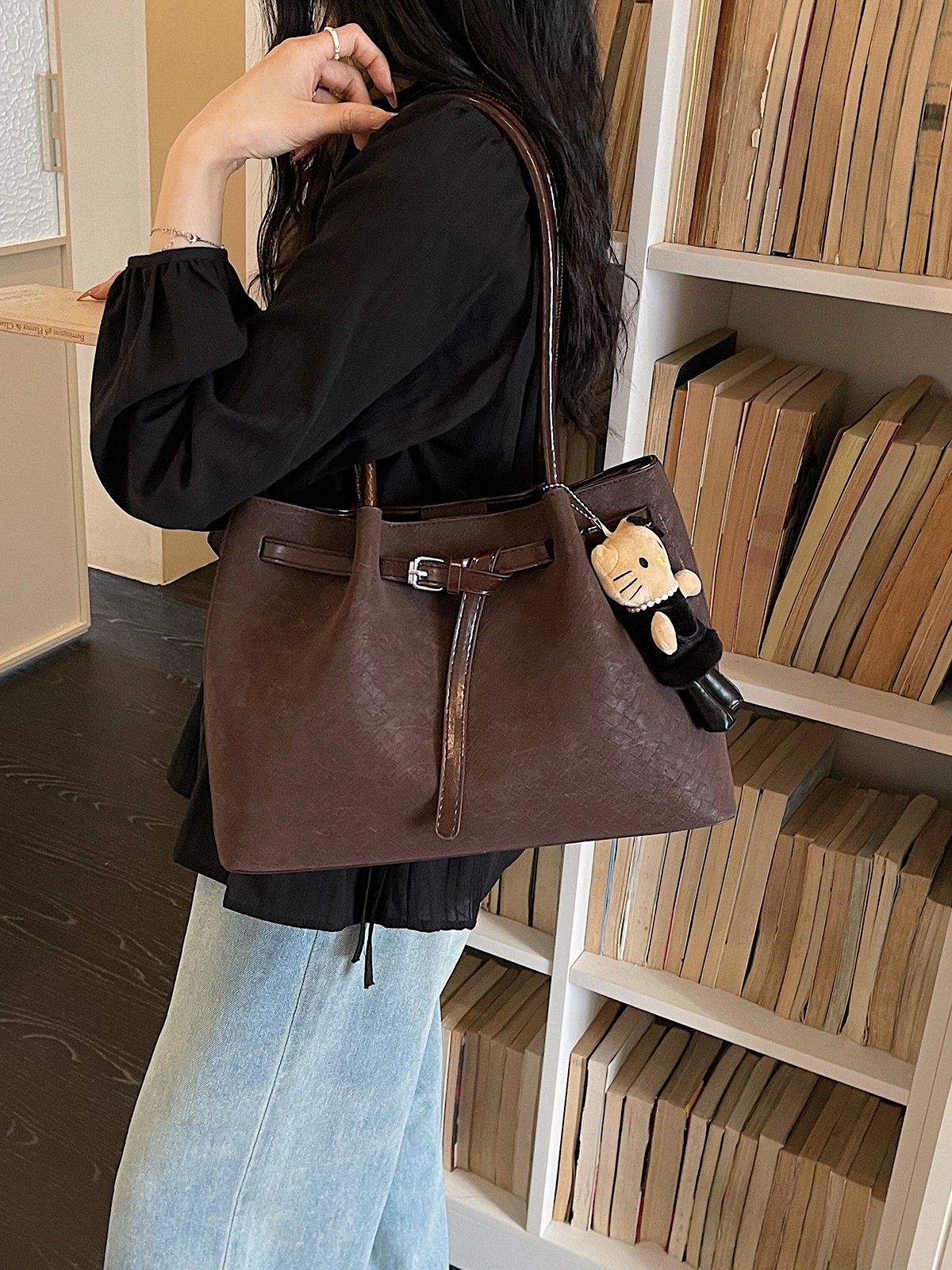 Coffee Brown Plain Tote Bag with Charm