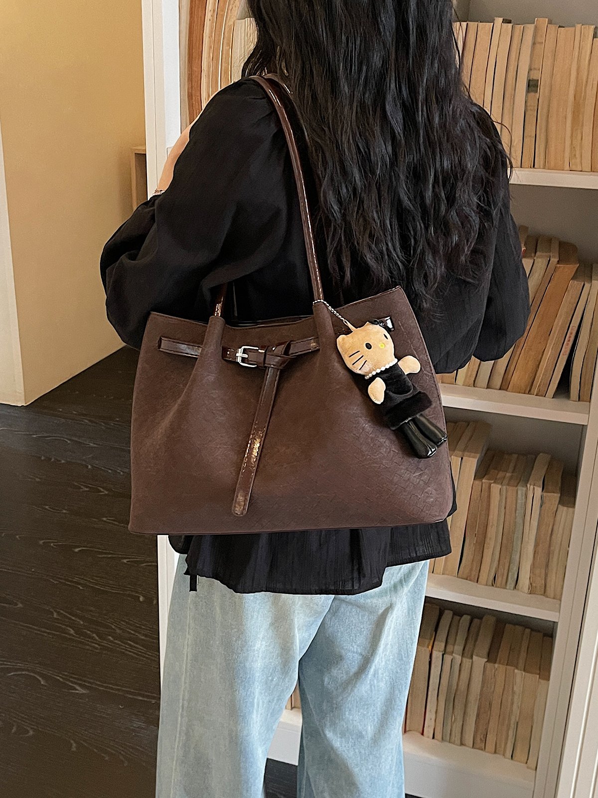 Coffee Brown Plain Tote Bag with Charm
