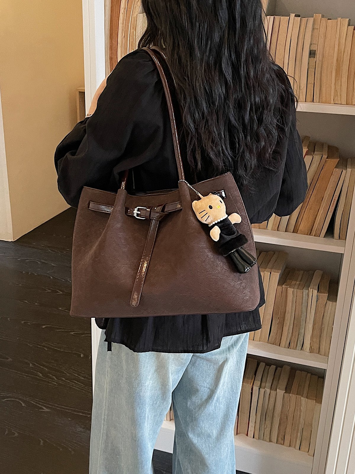 Coffee Brown Plain Tote Bag with Charm
