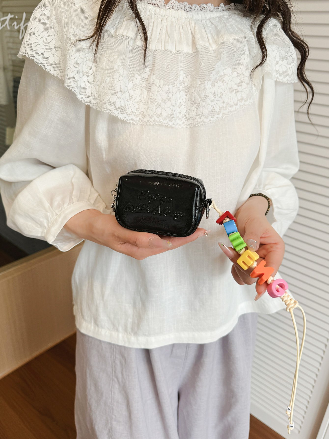 Black Crossbody Bag with Lanyard Charm