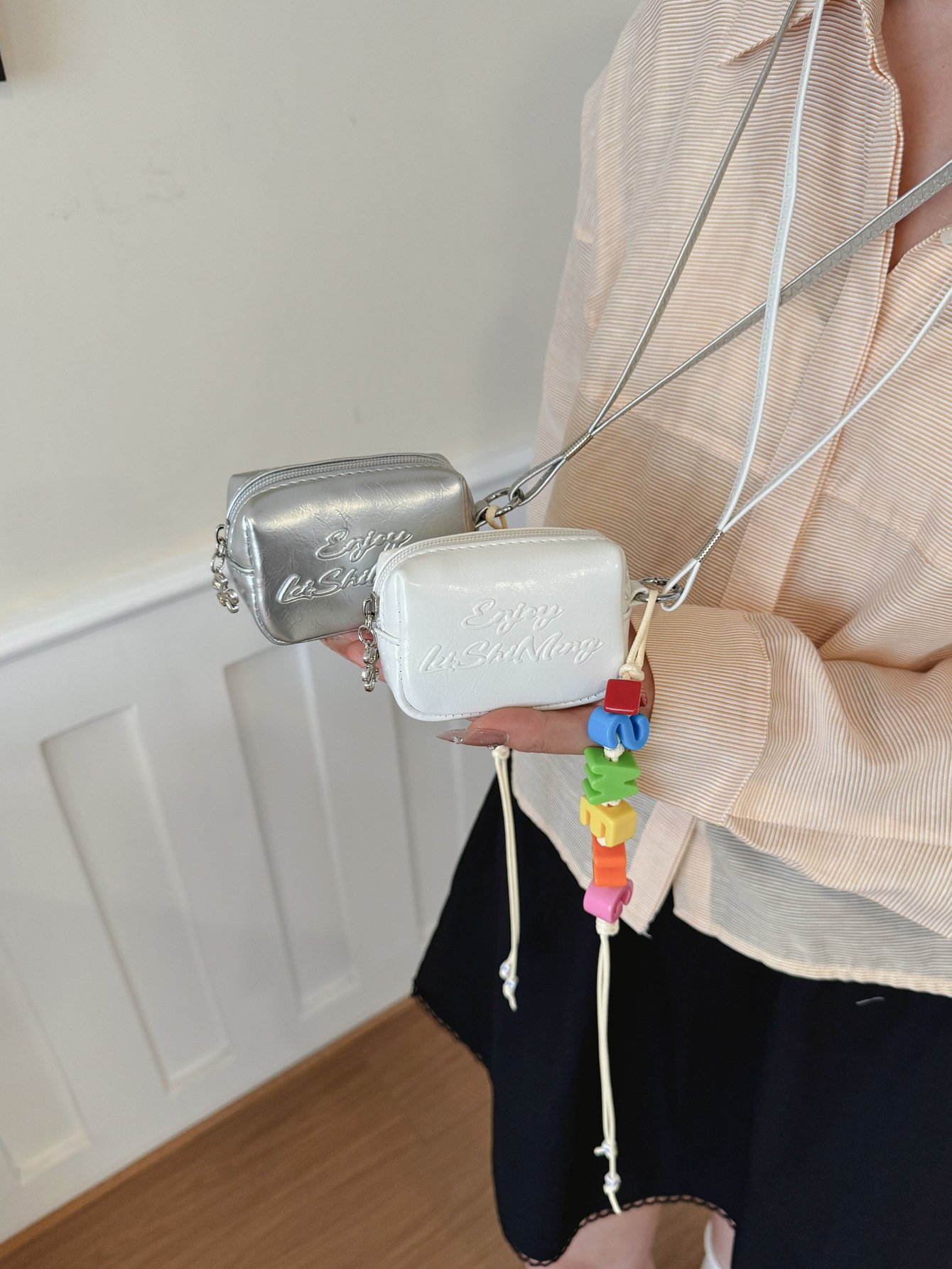 White Crossbody Bag with Lanyard Charm