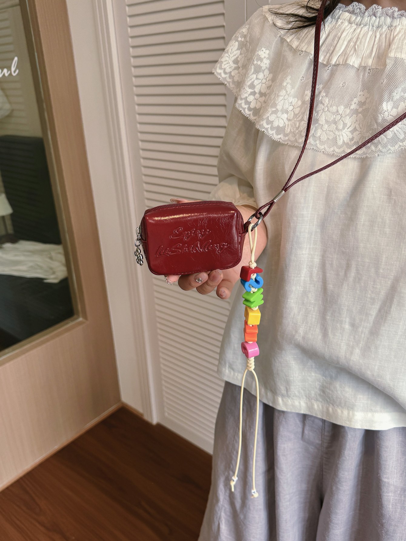 Red Crossbody Bag with Lanyard Charm