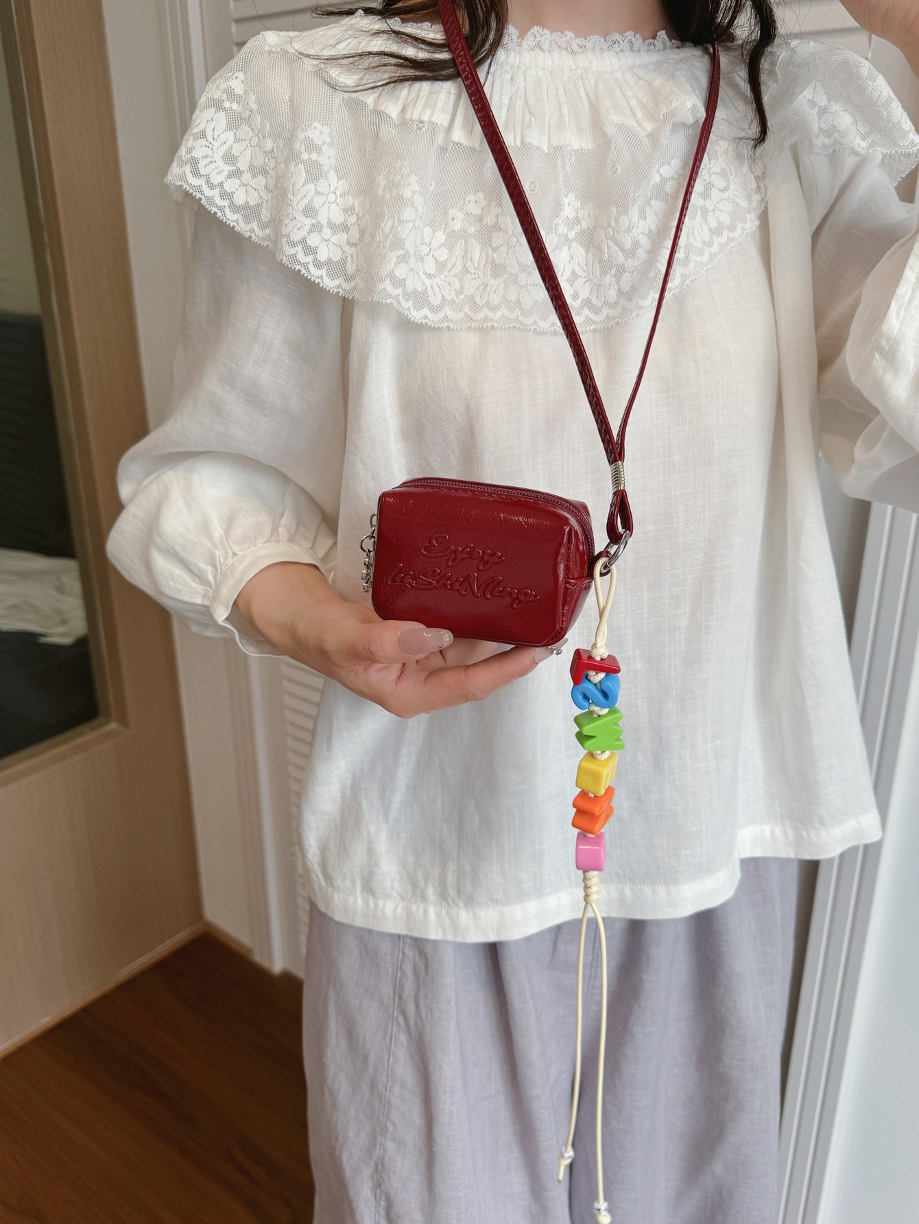 Red Crossbody Bag with Lanyard Charm
