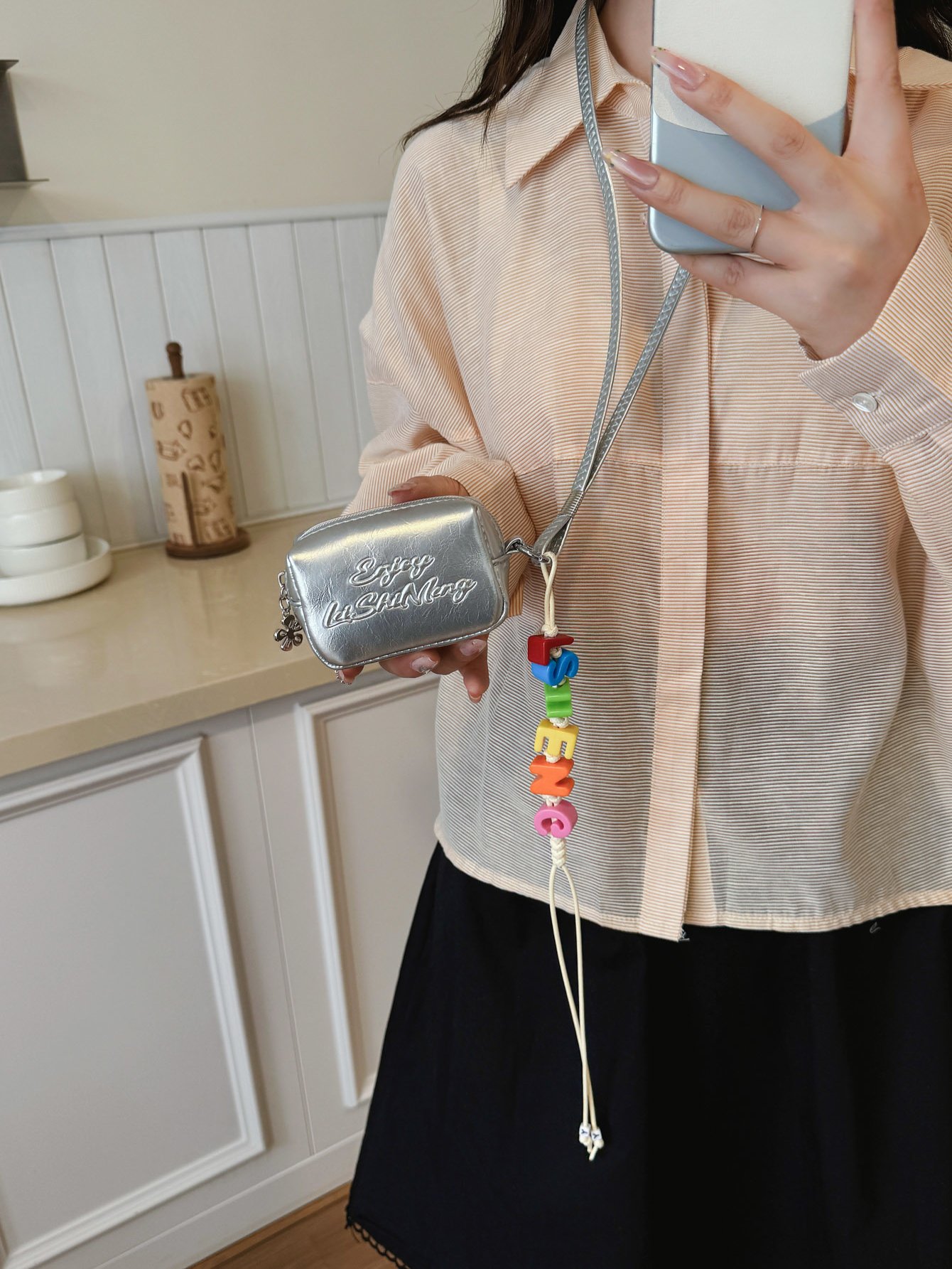 Silver Crossbody Bag with Lanyard Charm
