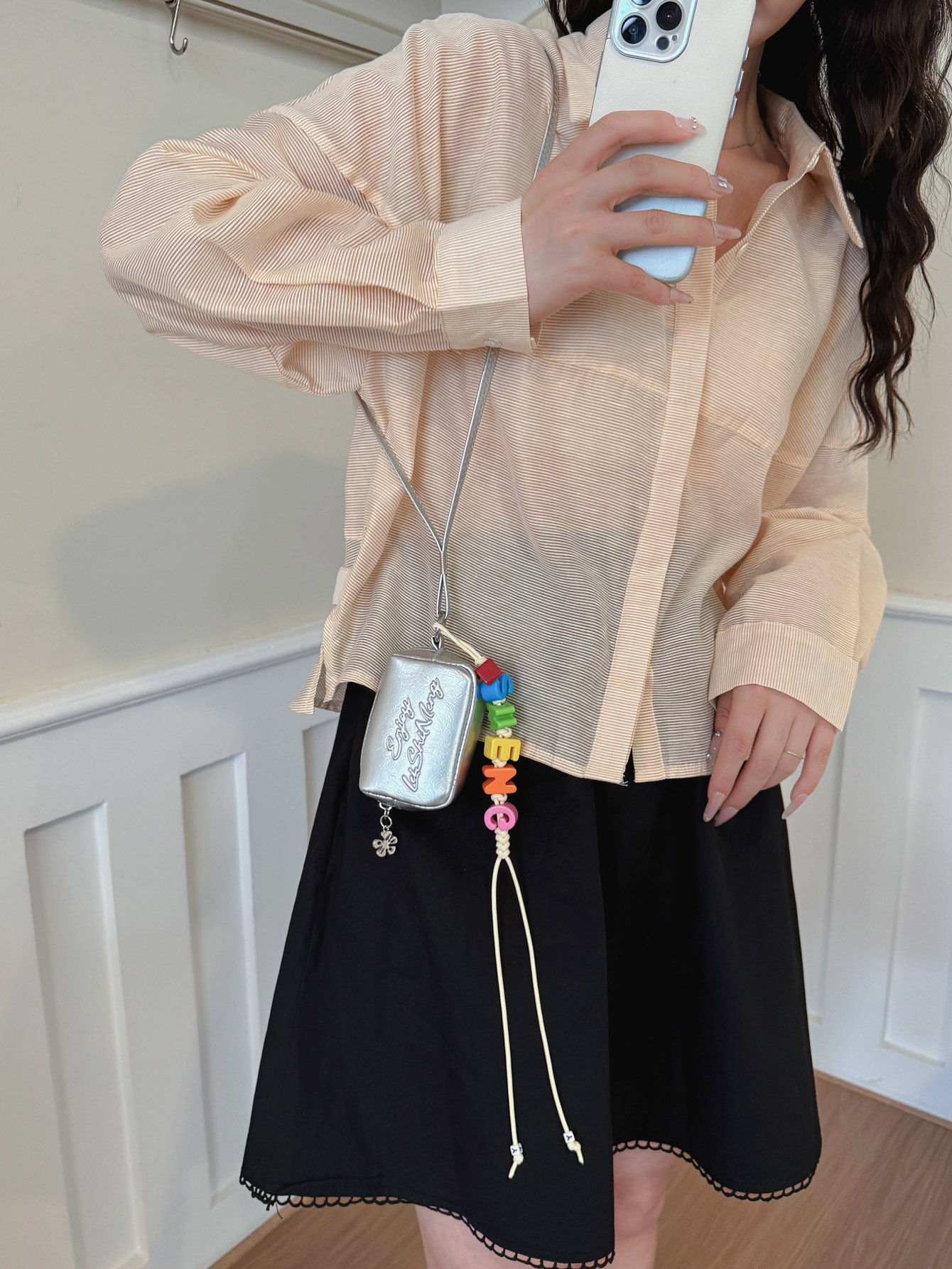 Silver Crossbody Bag with Lanyard Charm