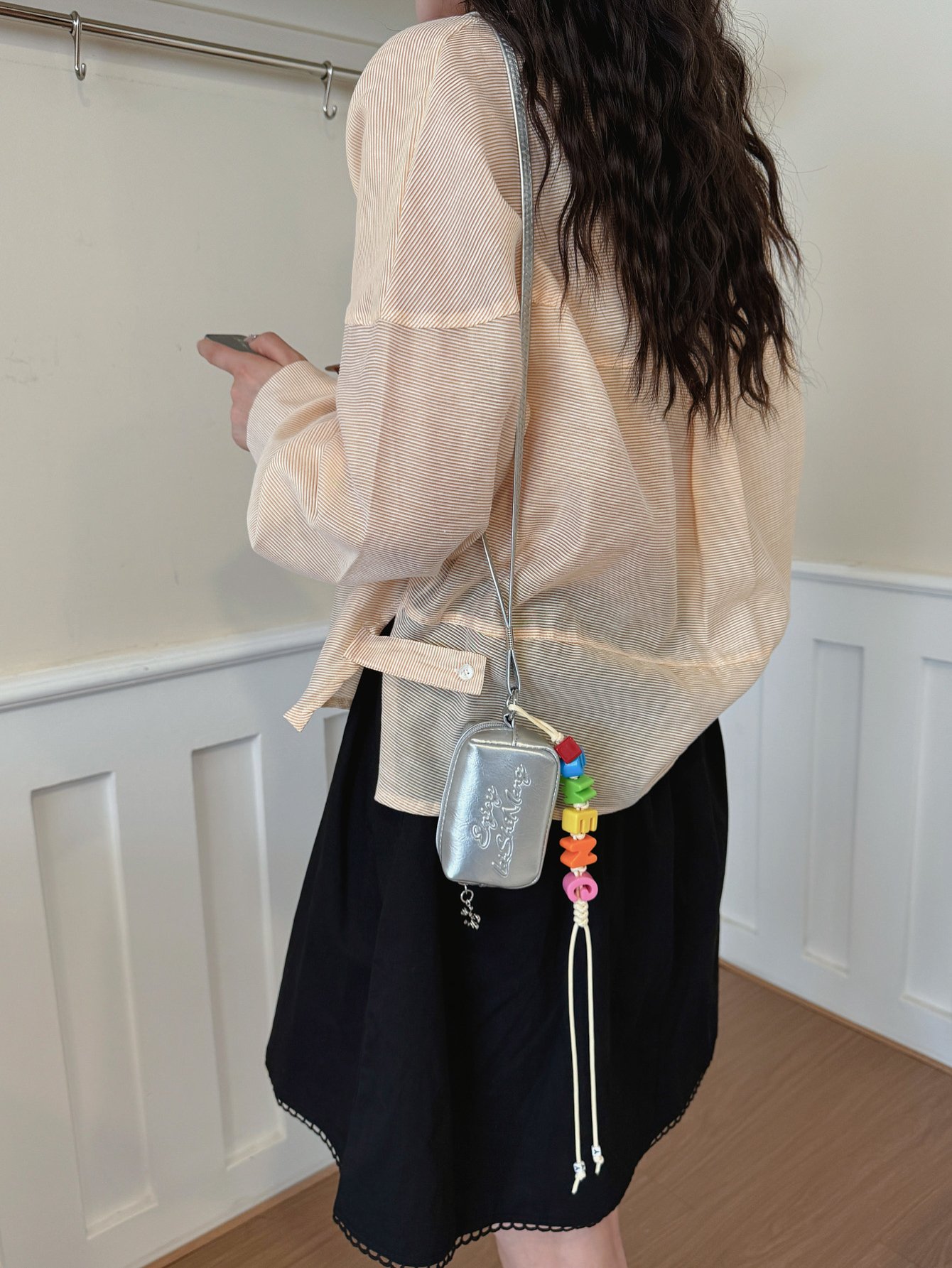 Silver Crossbody Bag with Lanyard Charm