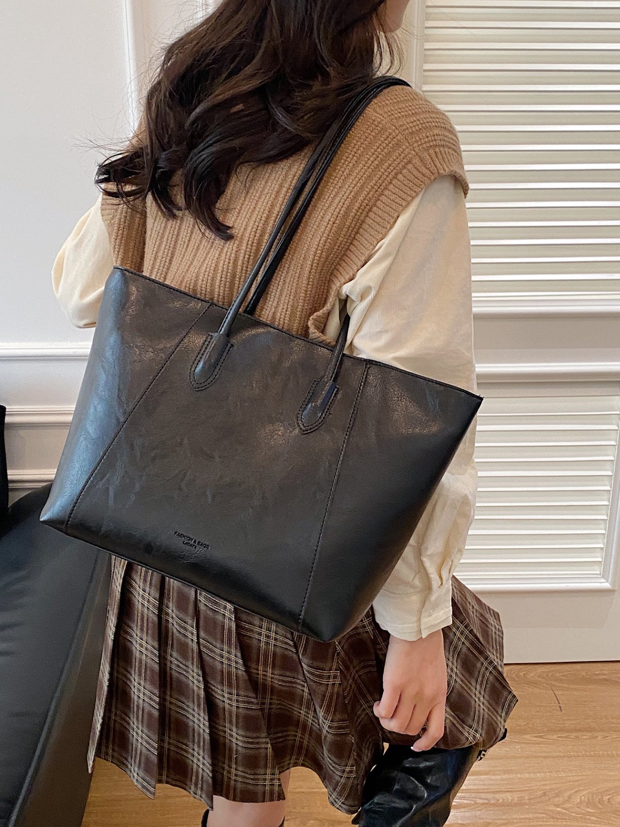 Black Faux Leather Shoulder Bag for Women