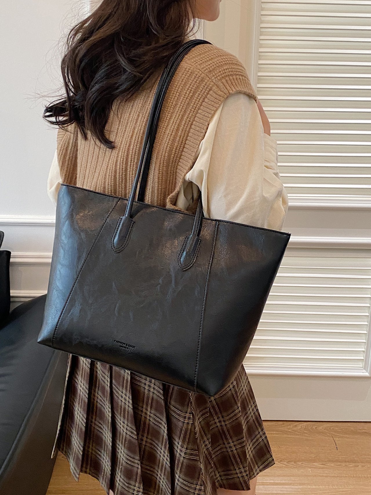 Black Faux Leather Shoulder Bag for Women