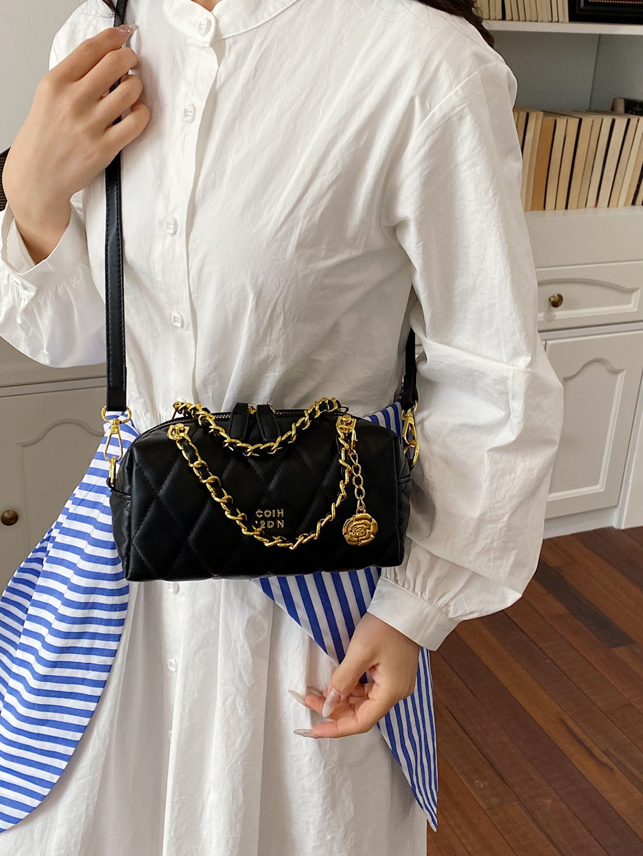 Black Quilted Crossbody Bag with Gold Chain