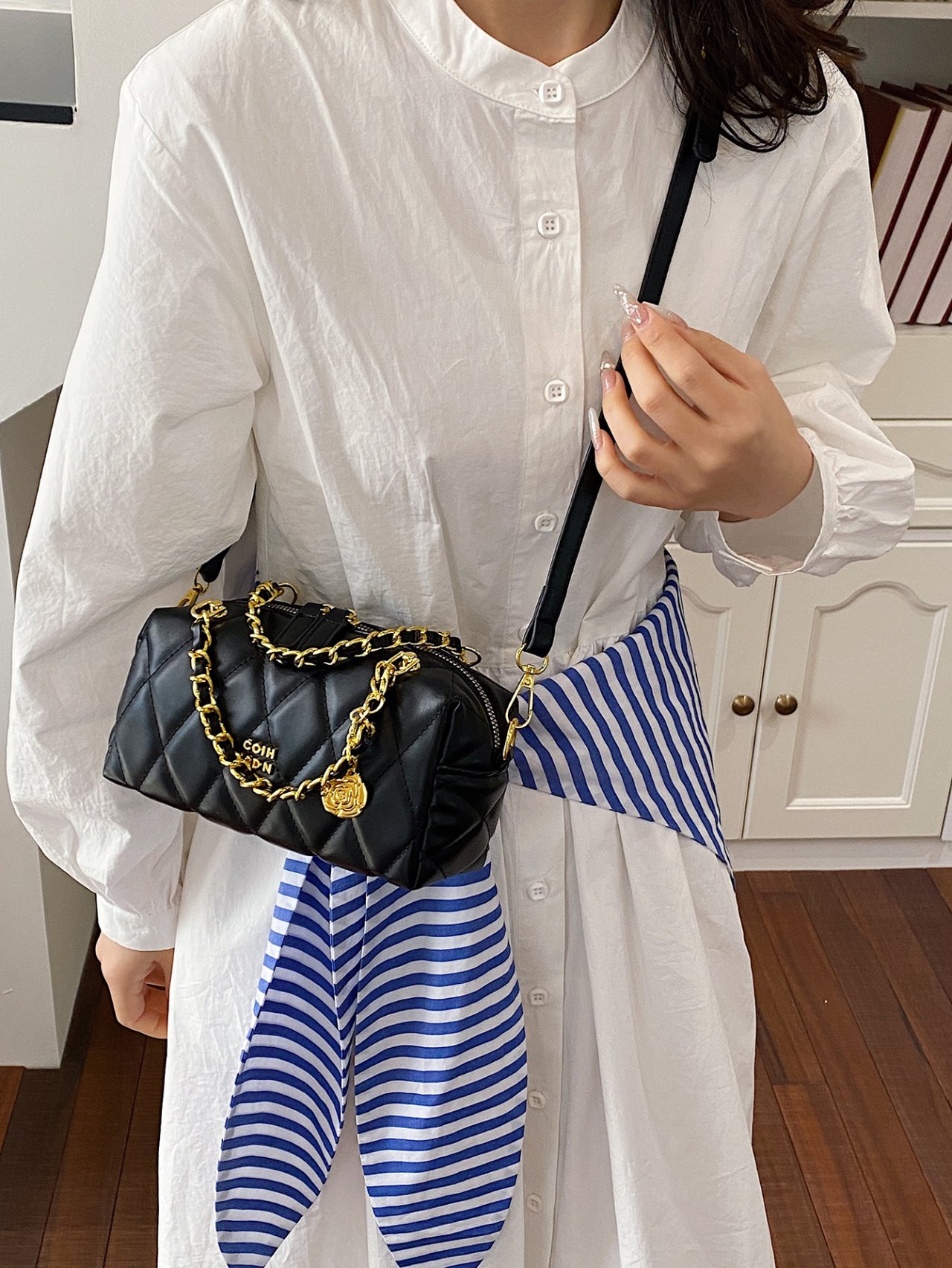 Black Quilted Crossbody Bag with Gold Chain