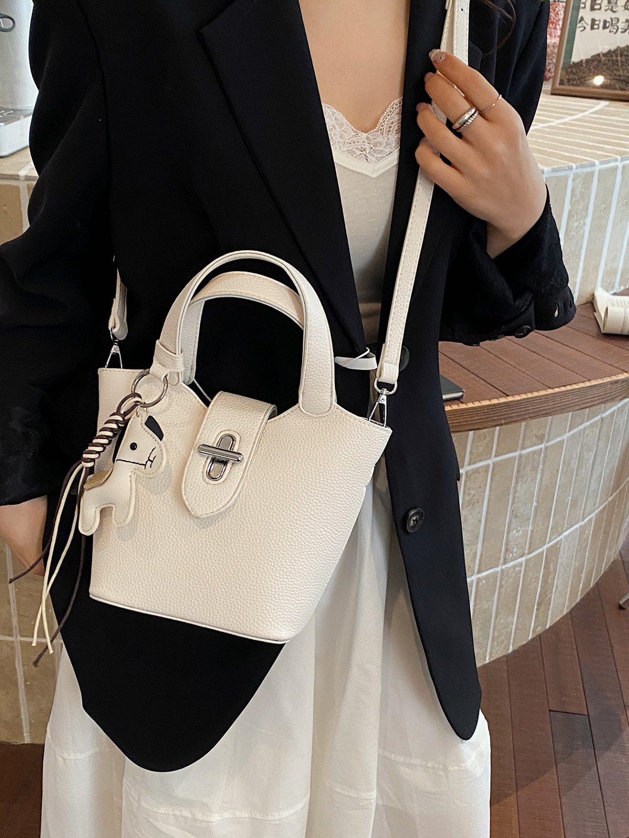 White Faux Leather Handbag with Charm