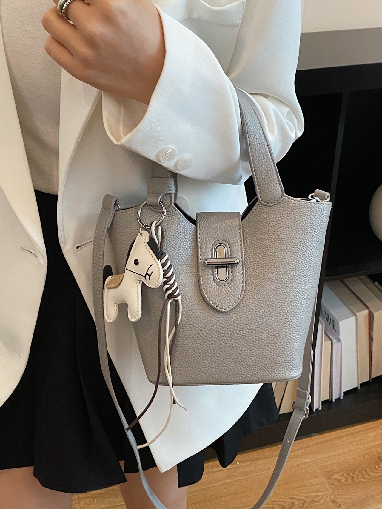 Grey Faux Leather Handbag with Charm