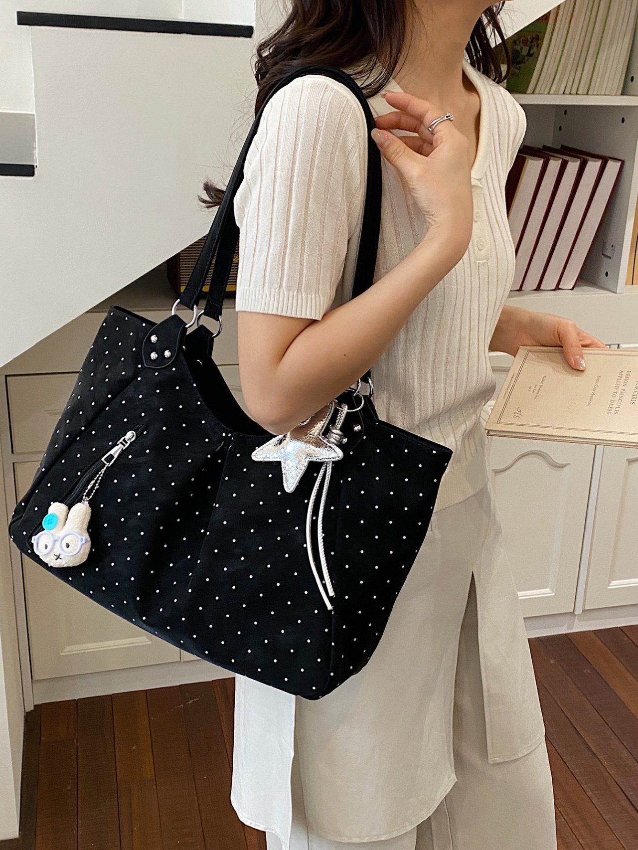 Black Polka Dot Shoulder Bag with Charm