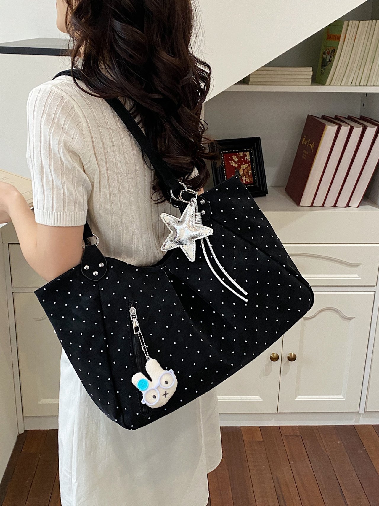 Black Polka Dot Shoulder Bag with Charm