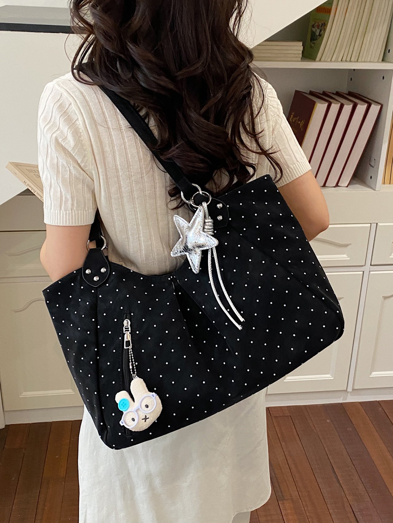 Black Polka Dot Shoulder Bag with Charm