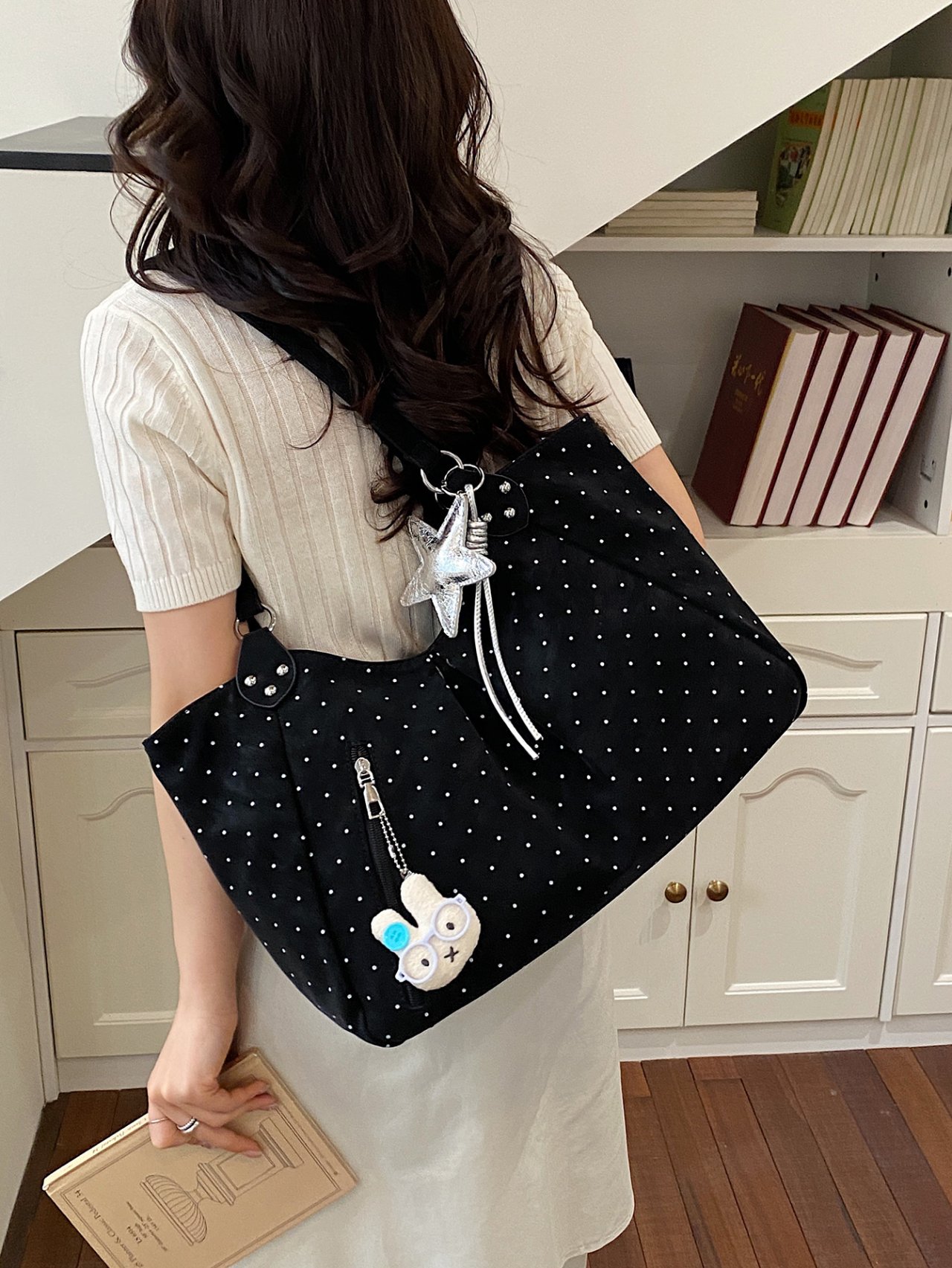 Black Polka Dot Shoulder Bag with Charm