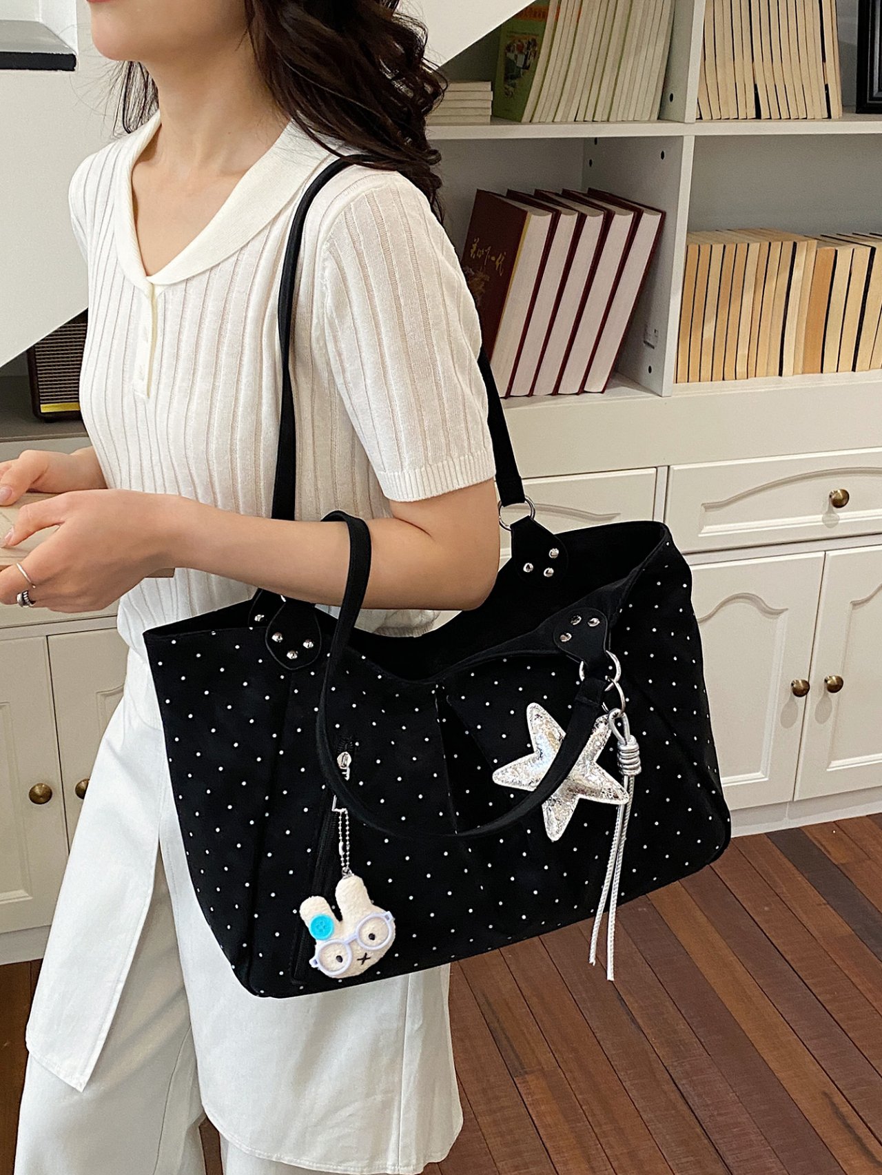 Black Polka Dot Shoulder Bag with Charm