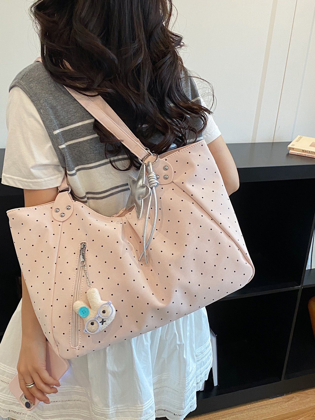 Pink Polka Dot Shoulder Bag with Charm