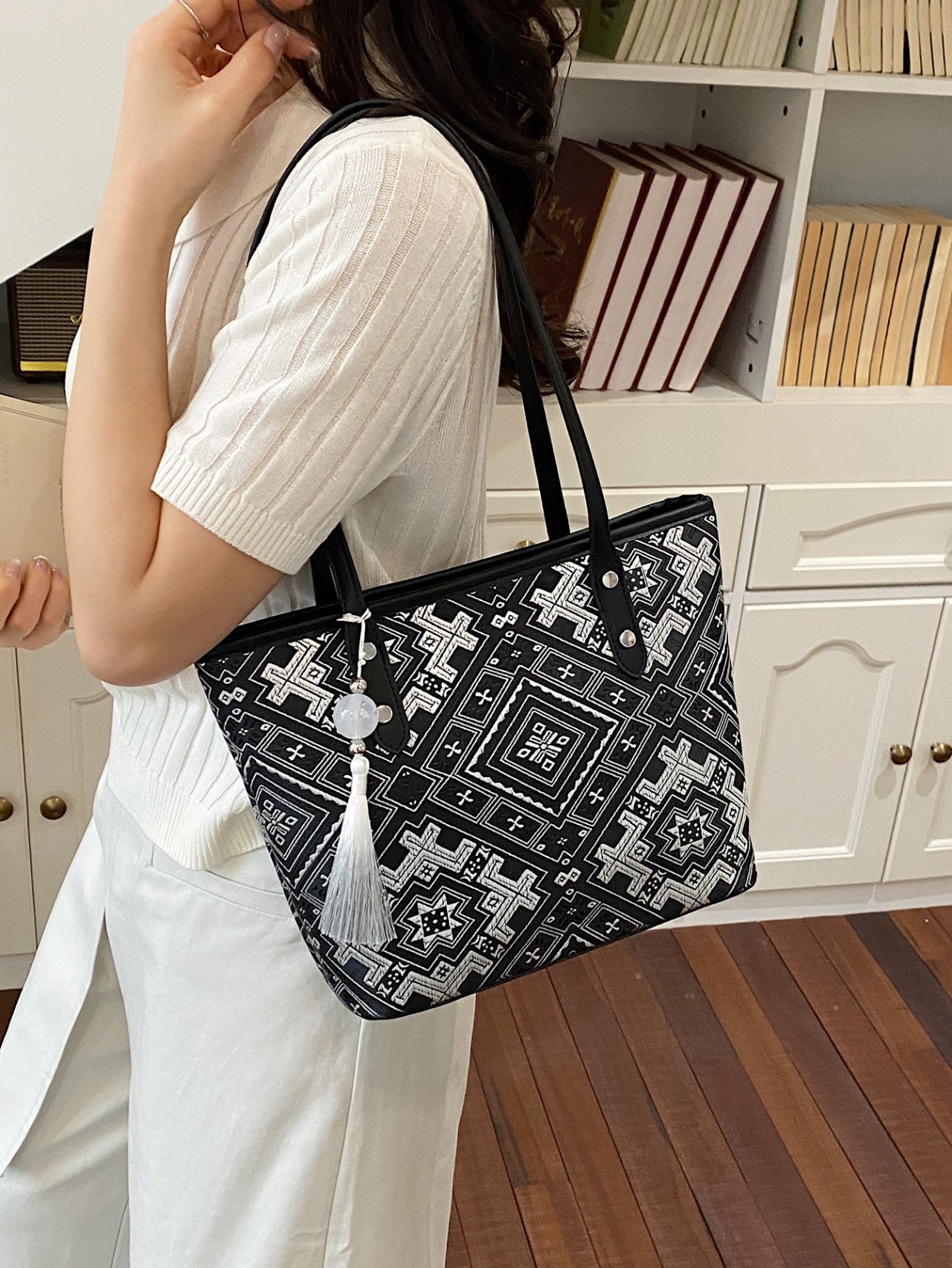 Black Shoulder Bag with Geometric Print