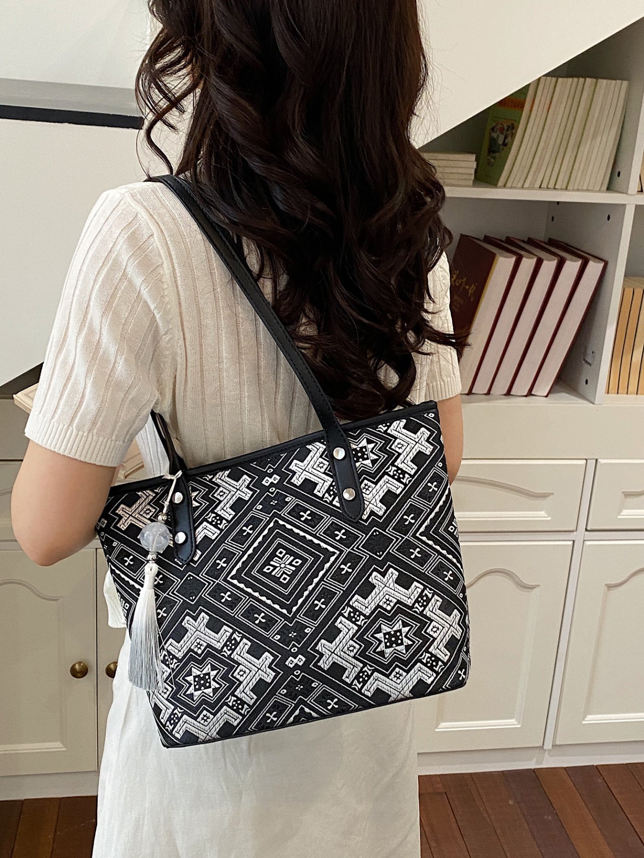Black Shoulder Bag with Geometric Print