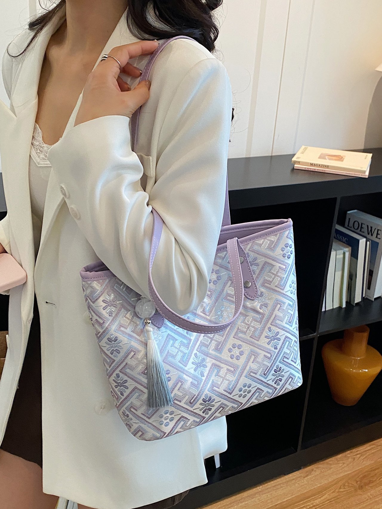 Purple Embroidered Shoulder Bag