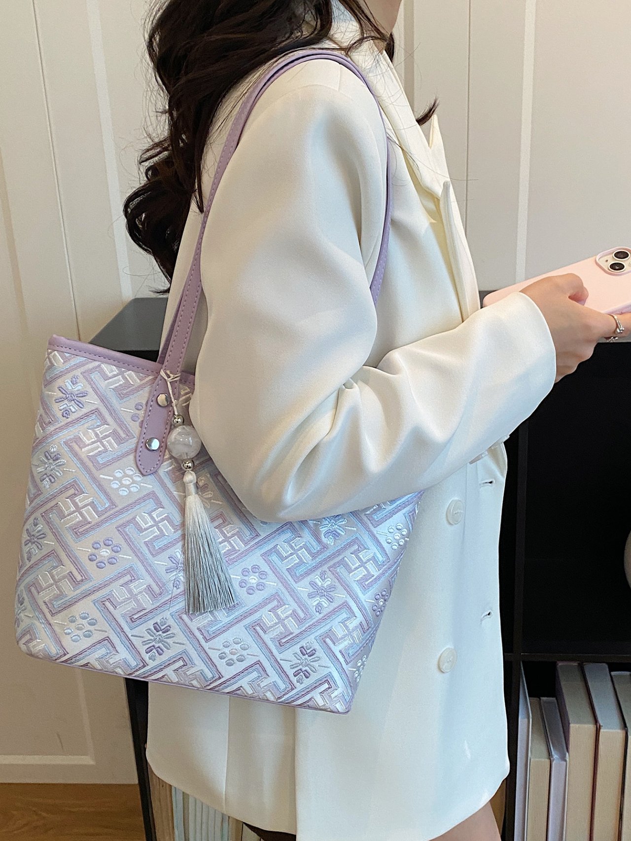 Purple Embroidered Shoulder Bag
