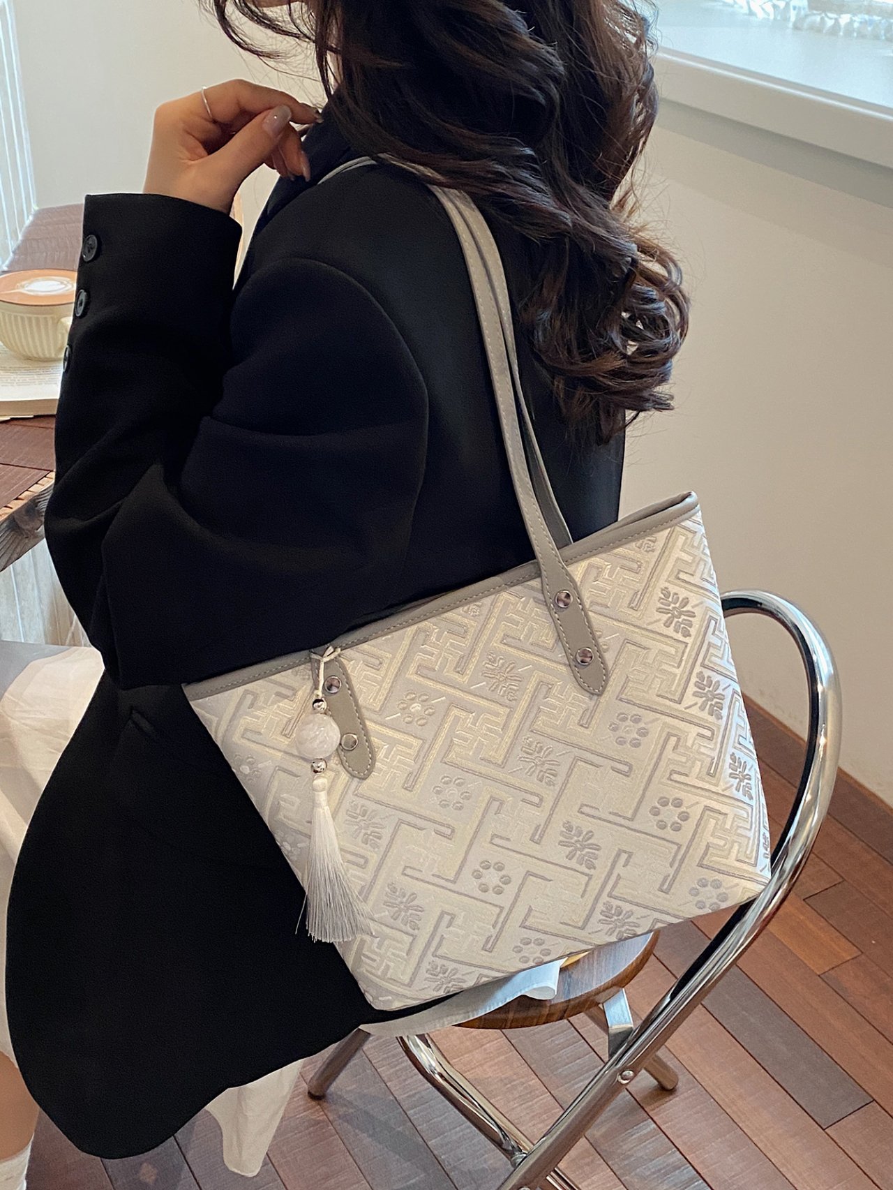 Grey Embroidered Shoulder Bag