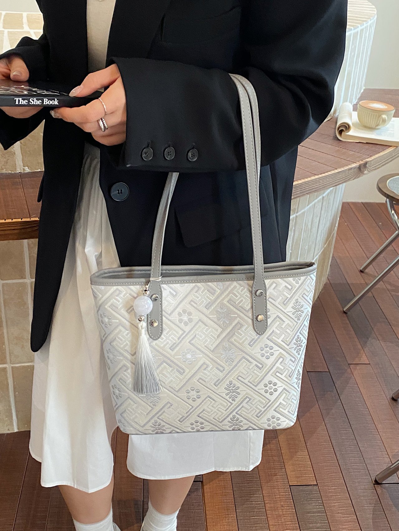 Grey Embroidered Shoulder Bag