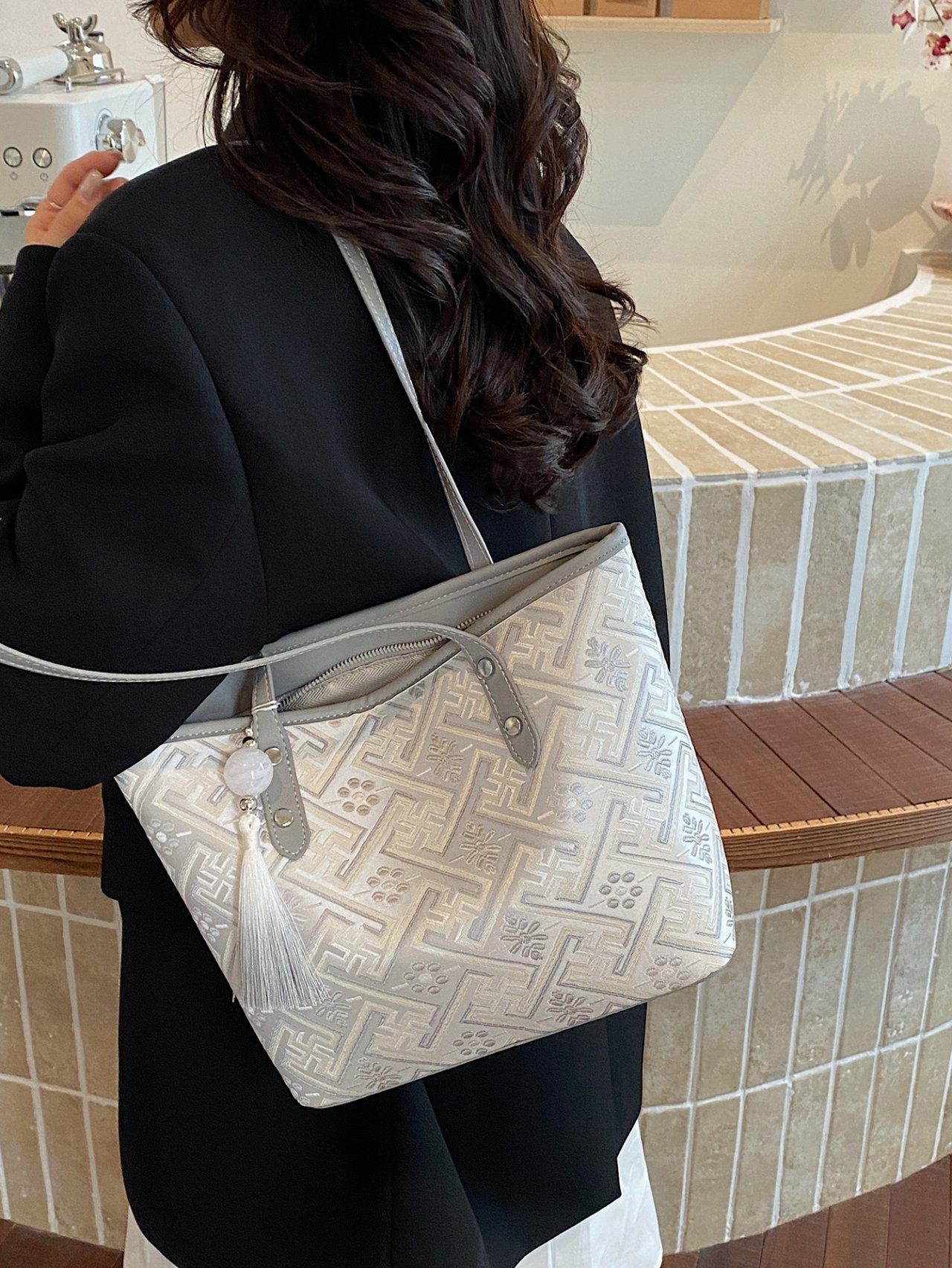 Grey Embroidered Shoulder Bag