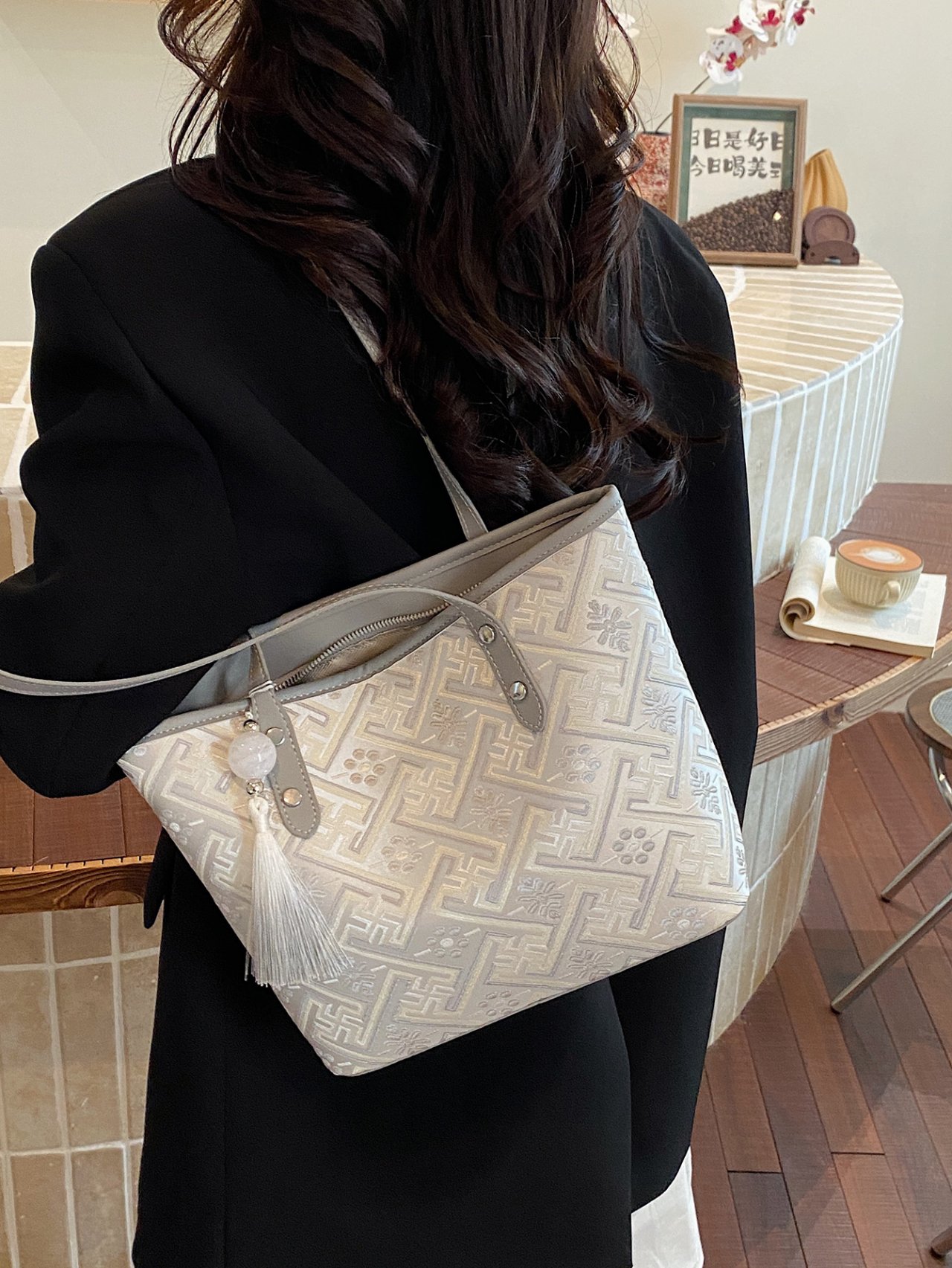 Grey Embroidered Shoulder Bag