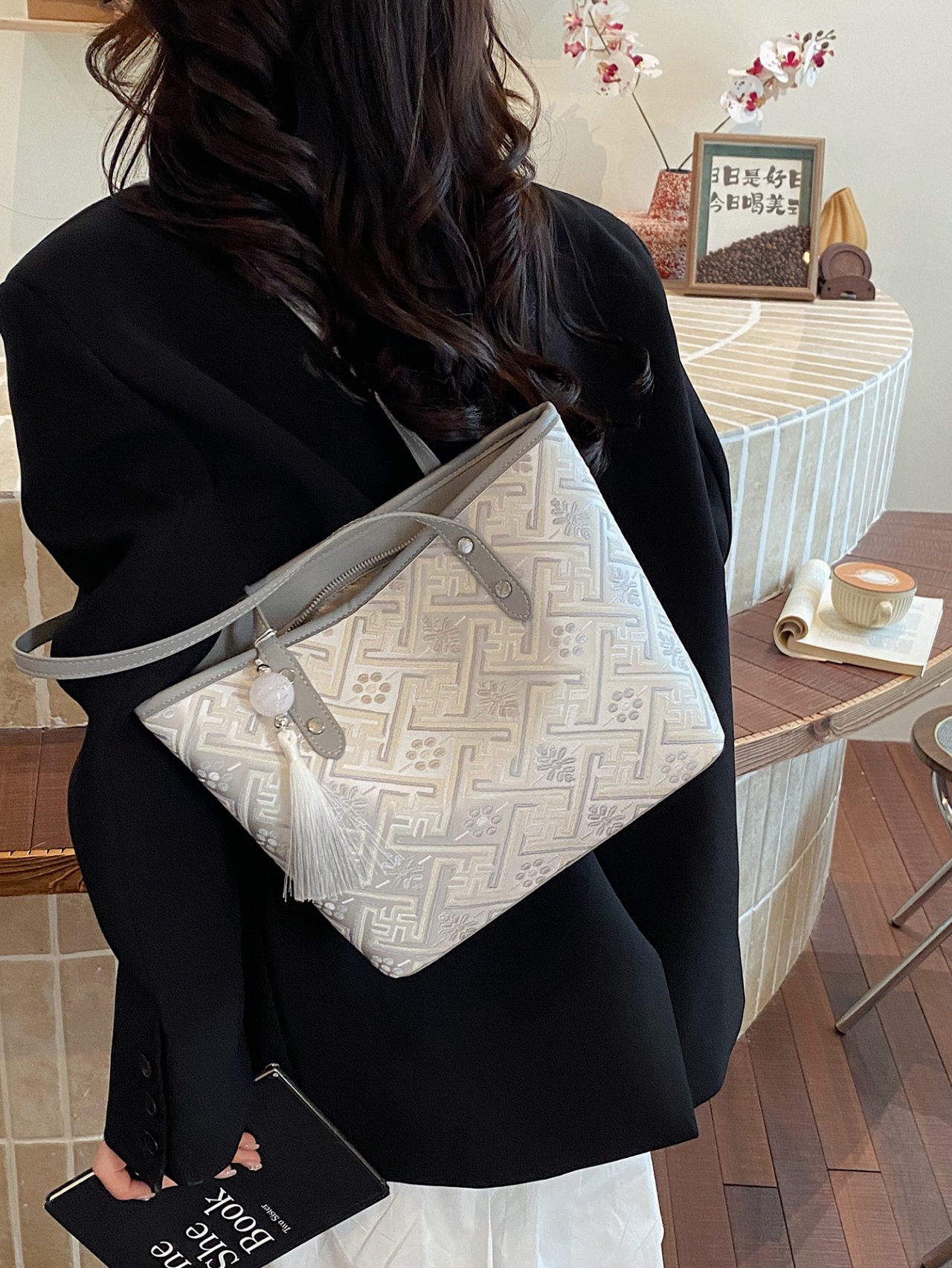 Grey Embroidered Shoulder Bag