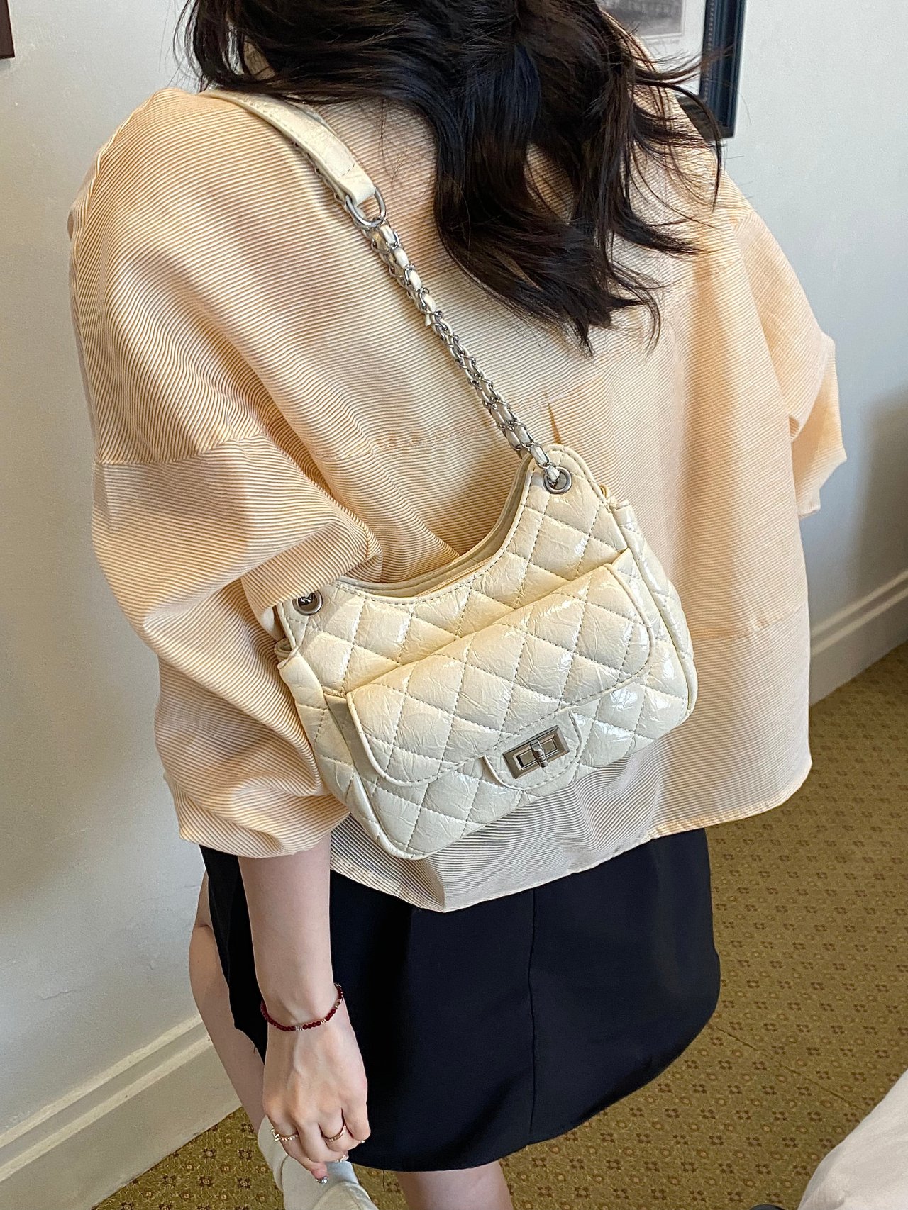 White Quilted Shoulder Bag with Chain Strap