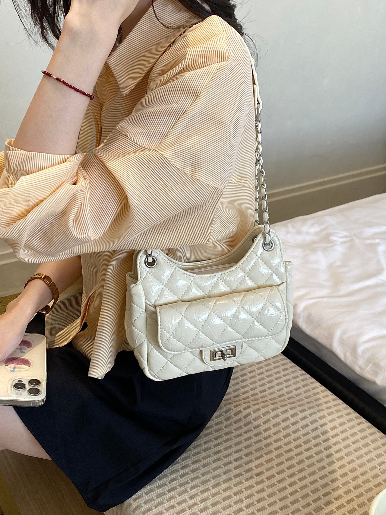 White Quilted Shoulder Bag with Chain Strap