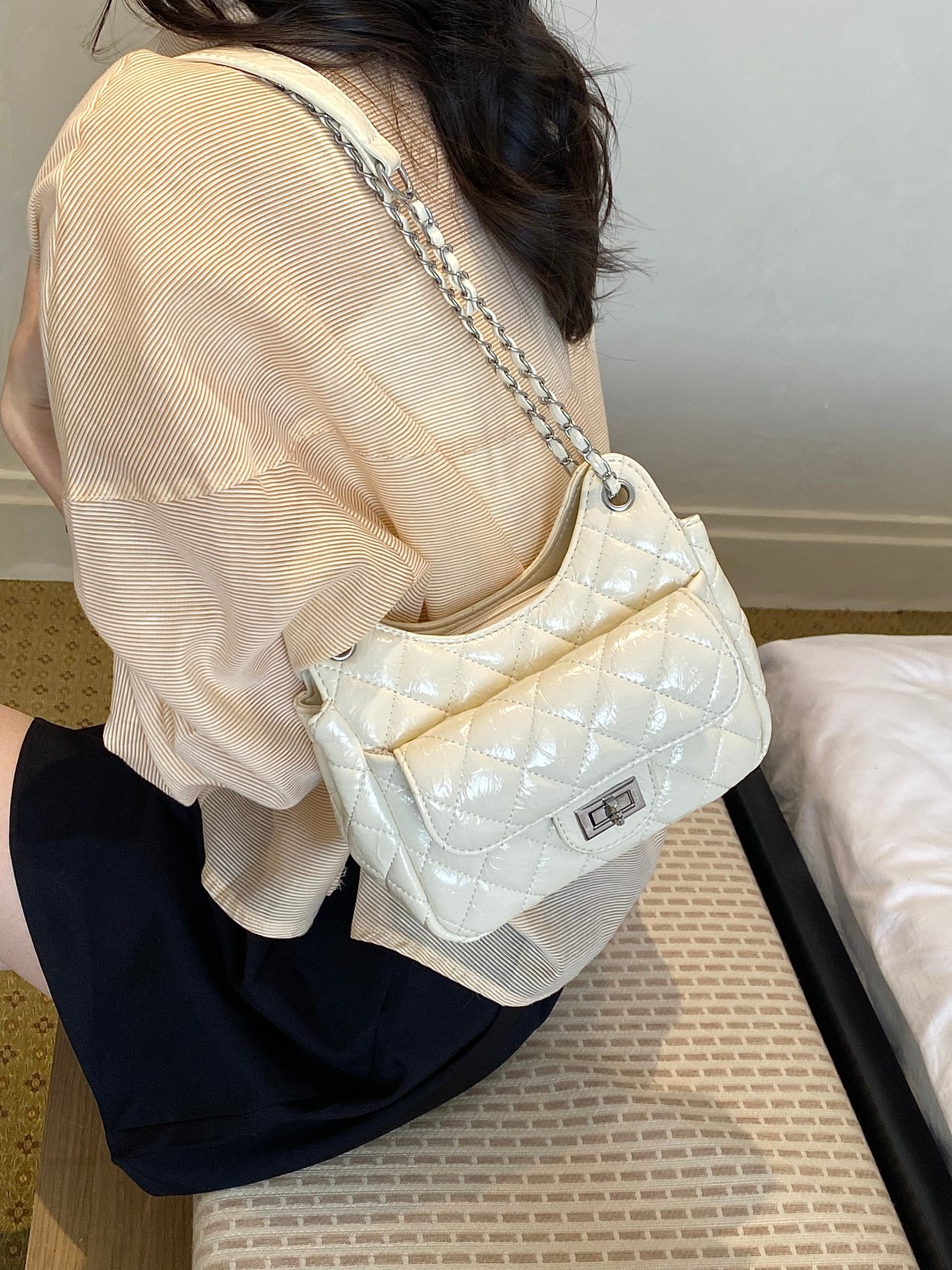 White Quilted Shoulder Bag with Chain Strap