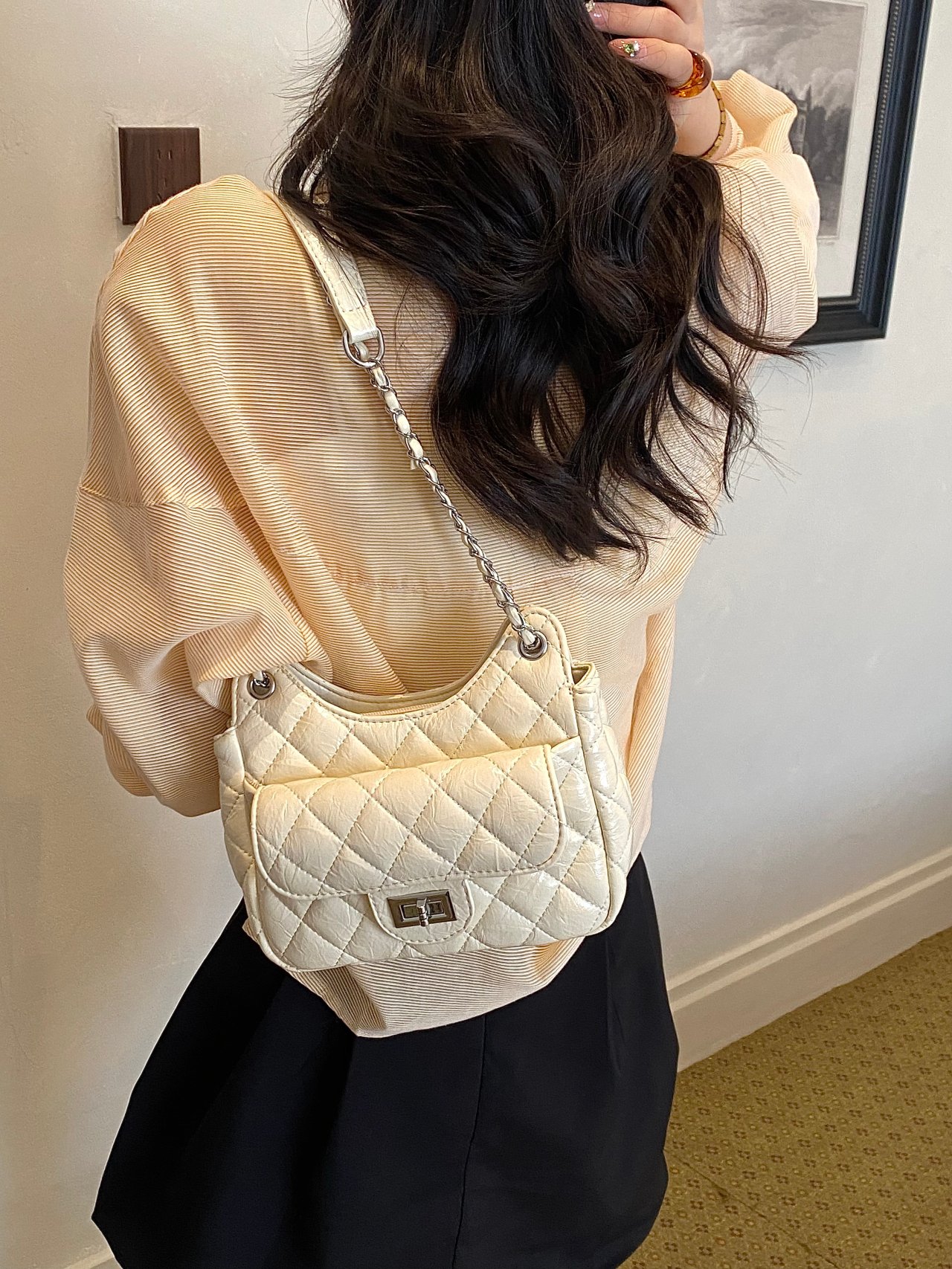 White Quilted Shoulder Bag with Chain Strap