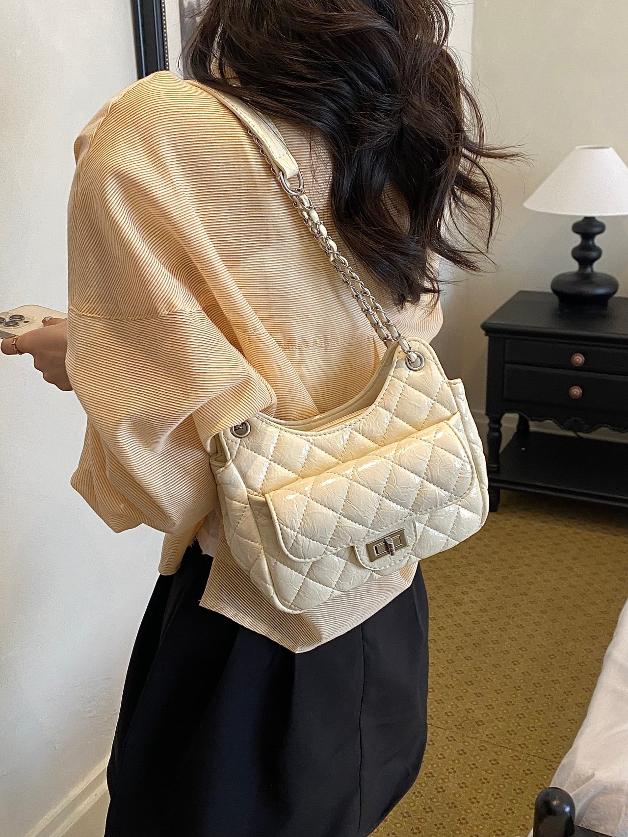 White Quilted Shoulder Bag with Chain Strap