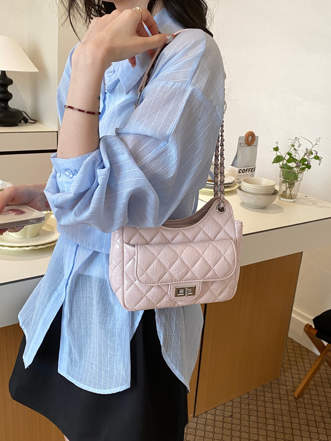 Pink Quilted Shoulder Bag with Chain Strap