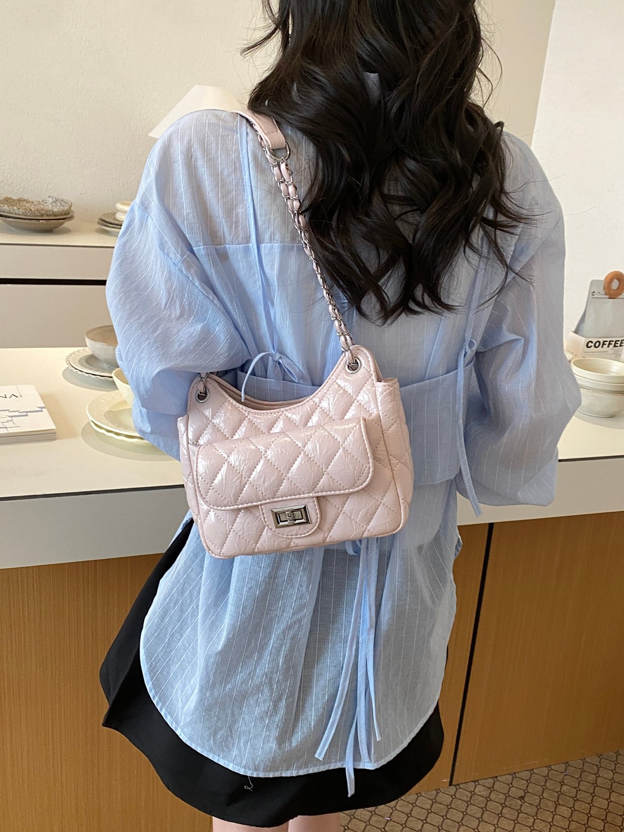 Pink Quilted Shoulder Bag with Chain Strap